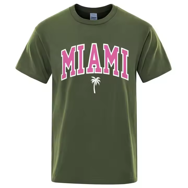 Camiseta casual holgada con letras de hombre, ropa de algodón con estampado de dibujos animados, cuello redondo, Miami Beach City - 1