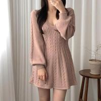 Falda corta de punto para mujer, ropa elegante de manga larga con cuello puntiagudo, usada, negra, invierno - details 48
