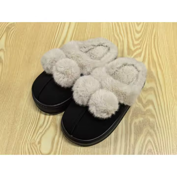Zapatillas de algodón de gamuza con bolas de piel suave para adultos y mujeres, suela gruesa HeatTech de invierno, puntera antideslizante de EVA, a cuadros resistentes a las manchas, novedad - 1