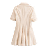 Elegante Vestido Plisado a Rayas para Mujer Minivestido de Manga Corta Beige Moda de Verano y Otoño - details 2
