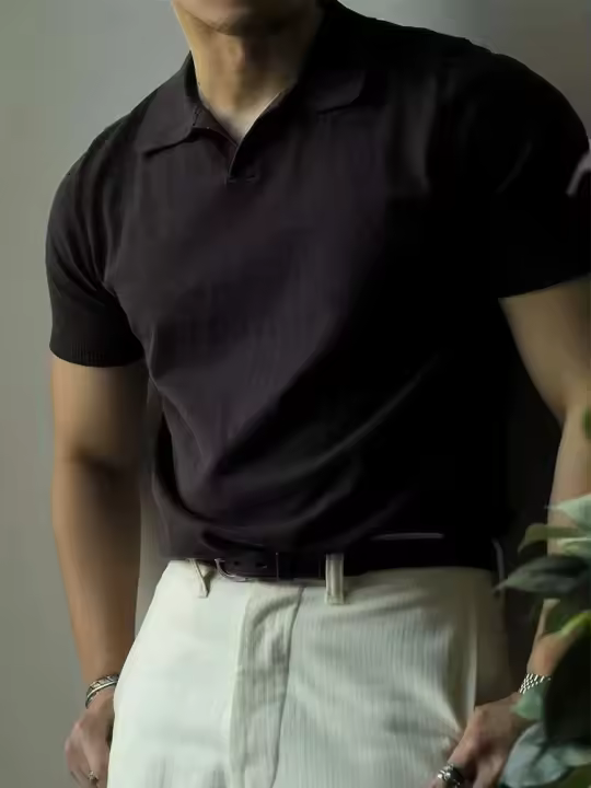 Camiseta con cuello de punto de color liso para hombre, informal, a la moda, retro, verano - 1