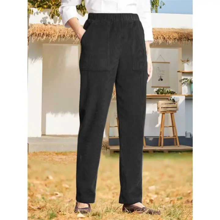 Nuevos pantalones casuales de pierna recta de pana con cintura elástica de Color sólido para mujer - 1