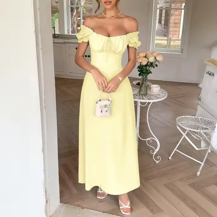 Vestido largo elegante de manga corta con hombros descubiertos para mujer, moda Primavera Verano - 1