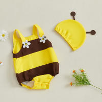 Pudcoco - Pelele de abeja para bebé niña, sin mangas, estampado floral 3D, mono con sombrero, juego de 2 piezas - details 3