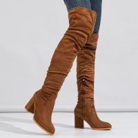 Botas altas por encima de la rodilla de gamuza para mujer, punta redonda, bloque grueso, tacón alto, otoño, invierno - details 3