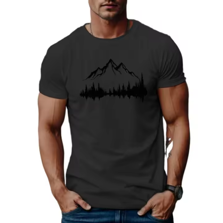 Camiseta casual de verano de manga corta para hombre, camiseta con estampado de montañas y árboles - 1