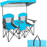 Sillas de Camping Plegables, Silla Plegable Portátil Doble con Bolsa de Transporte Refrigeradora, Silla de Picnic de 2 Asientos para Exteriores con Mesa y Dosel Desmontable (Azul) - details 0