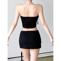 BUNO-Top corto ajustado negro sin mangas con hombros descubiertos, falda súper mini de cintura baja, ropa de calle de verano, conjunto de 2 piezas para mujer - details 8