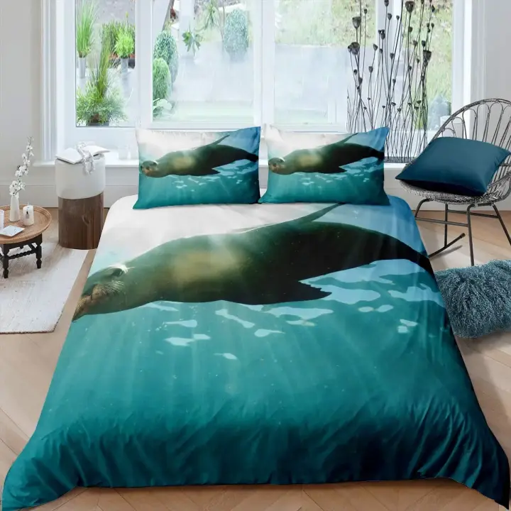 Funda de edredón con sello, funda nórdica tamaño King, juego de cama con sello de natación encantador, funda de edredón de poliéster con estilo exótico del océano, vida marina - 1