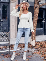 Top informal de manga con volantes para mujer, Top con cuello redondo y cintura, Color liso, otoño e invierno, 2023 - details 4