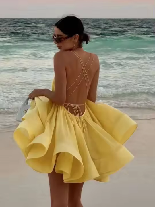 Vestido de Playa de Cintura Alta con Volantes Vestido de Vacaciones para Mujeres con Encaje de Verano con Espalda Descubierta - 1