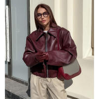 Abrigo grueso de piel sintética para mujer, ropa de calle de color rojo vino con solapa y cremallera, Túnica para otoño, 2024 - details 15