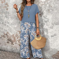 Conjunto de dos piezas de verano, suéter holgado versátil con cuello redondo estampado, atuendo informal para mujer - details 7