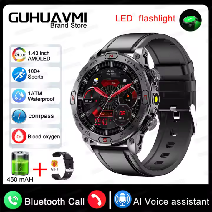 Para Android IOS Reloj inteligente deportivo al aire libre militar GPS pista brújula altímetro Smartwatch hombres 1,43 pulgadas 466*466 HD Pantalla AMOLED IP68 impermeable Reloj inteligente hombres Bluetooth llamada Smartwatch 2025 - 1