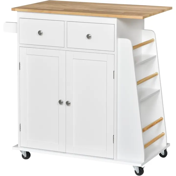 Carro auxiliar de madera con ruedas, carrito de servicio con 2 cajones regulables y barra para colgar 89x45x89,5 cm - 1