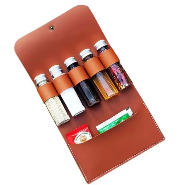 Botellas portátiles para condimentos, villas, bolsas de iluminación de cuero con soportes para 3/5 latas, barbacoa portátil, picnic y cocina - 1