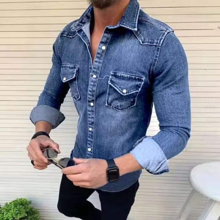 Camisa informal de mezclilla de manga larga para hombre - 1