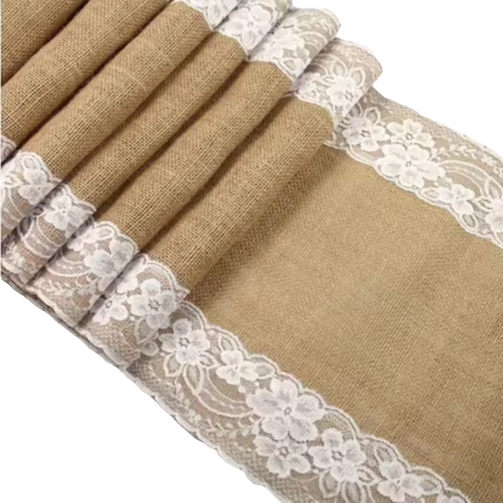 Mantel de Mesa de Encaje Natural de Juta Ideal para Bodas Tamaño 275x30cm y 180x30cm - 1