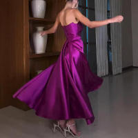 Vestido largo de fiesta elegante sin mangas de satén con volantes - details 3