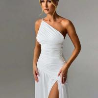 Verano 2024 Nuevo vestido largo ajustado con pliegues en los hombros y vestidos con dobladillo abierto en A para mujer - details 11