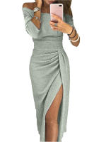 BUNO-Vestido de moda informal para mujer, vestido largo de fiesta de noche ajustado de manga larga con hombros descubiertos para mujer Vestidos de tubo divididos asimétricos - details 20