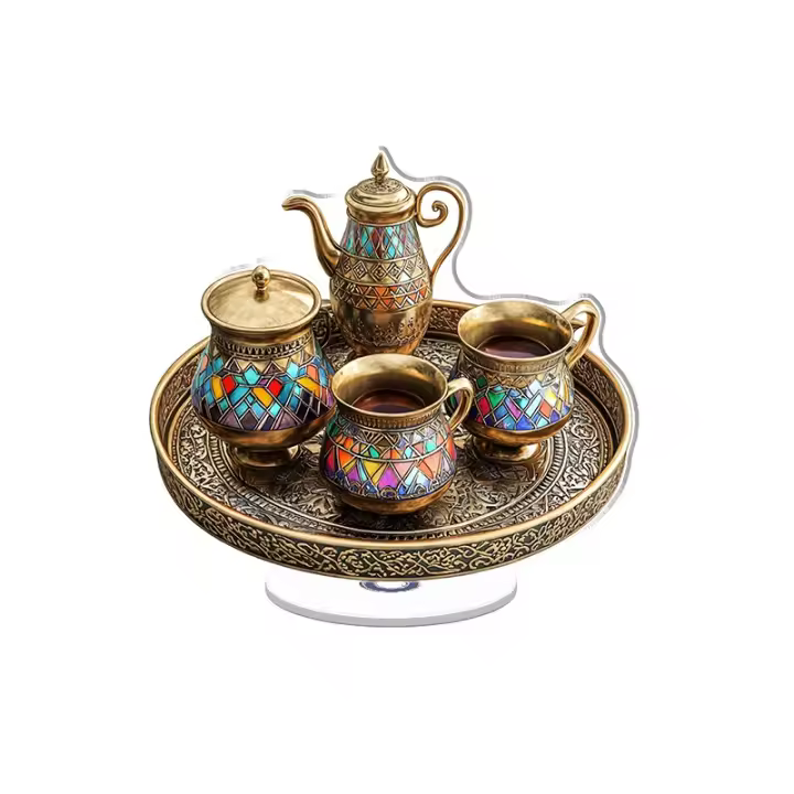 Una vitrina acrílica giratoria con un impresionante juego de café árabe con latón y vidrieras de colores elegantemente presentadas en una bandeja decorativa. - 1
