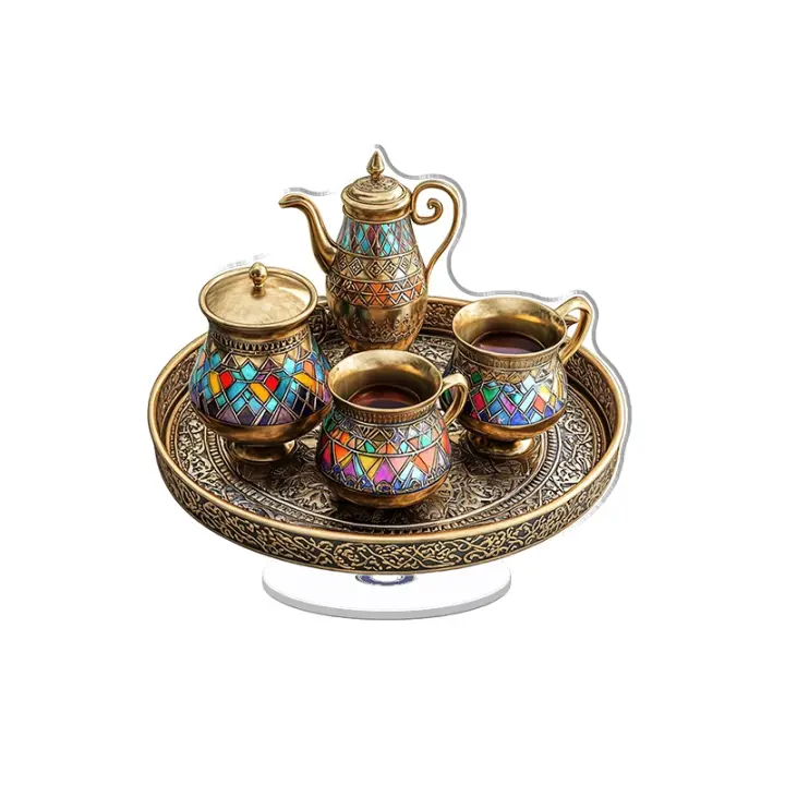 Una vitrina acrílica giratoria con un impresionante juego de café árabe con latón y vidrieras de colores elegantemente presentadas en una bandeja decorativa. - 1