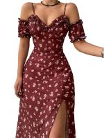 Sexy sin mangas con estampado bandeau y falda del vientre a la pantorrilla para mujer, vestido con tirantes de moda floral dividido - details 6
