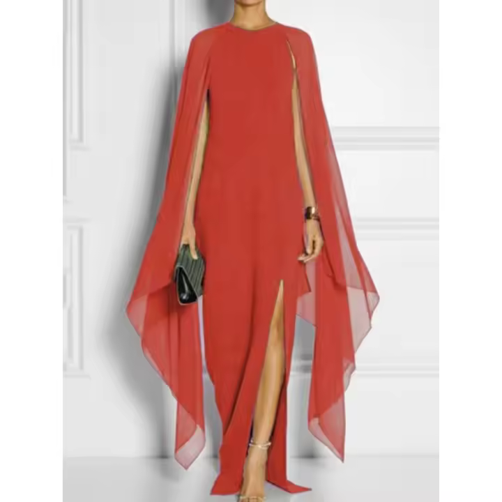 Para mujer Vestido largo con abertura y manga tipo capa de gasa, Top de Color sólido de verano para mujer - 1