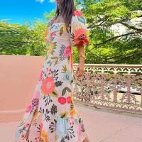Vestido Maxi de Verano para Mujer Manga Corta, Cuello Cuadrado, Estilo Ple Pleito, Impresión Acolchado, Delgado, Perfecto para Fiestas y Vacaciones - details 11