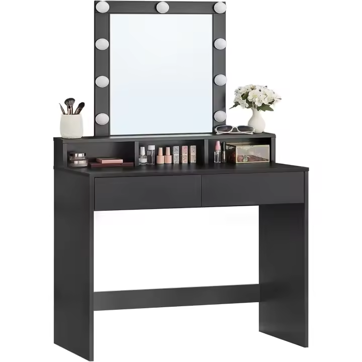 Tocador, Luces LED con Brillo Ajustable, Mesa de Maquillaje con Espejo, 2 Cajones y 3 Compartimentos, Moderno - 1