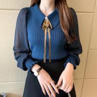 2025 otoño mujer gasa Patchwork suéter manga linterna cuello vuelto jersey con botones mujer Oficina señora suéter invierno - details 1