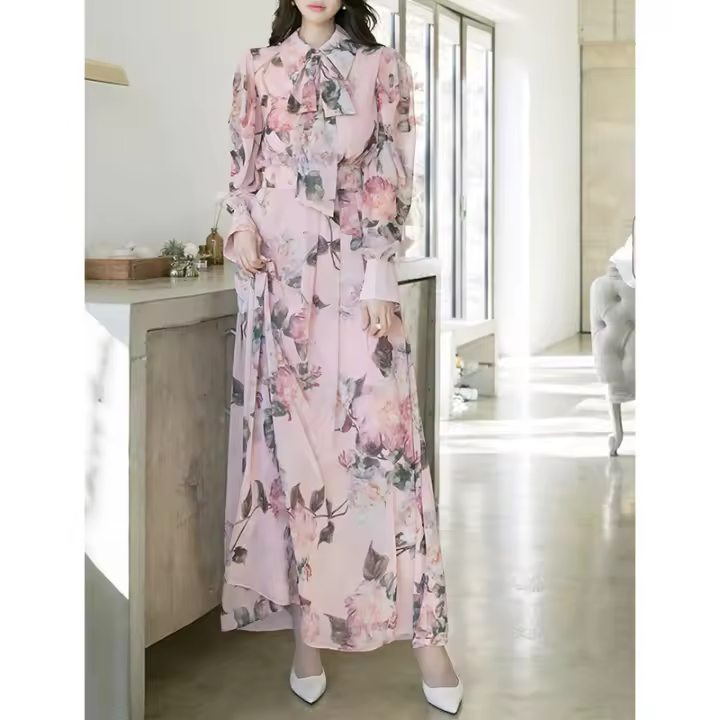 Vestido de gasa estampado para mujer, cuello de lazo de manga larga, cintura elegante, primavera y otoño - 1
