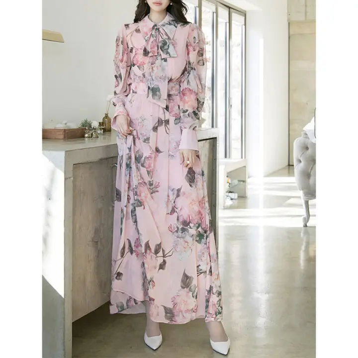 Vestido de gasa estampado para mujer, cuello de lazo de manga larga, cintura elegante, primavera y otoño - 1