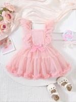 Vestido De Un Pie Para Bebé De Verano Con Lazo En Malla Cómodo Y Casual Para Niñas Estilo Sólido Talla True to Size Material Poliéster - details 0