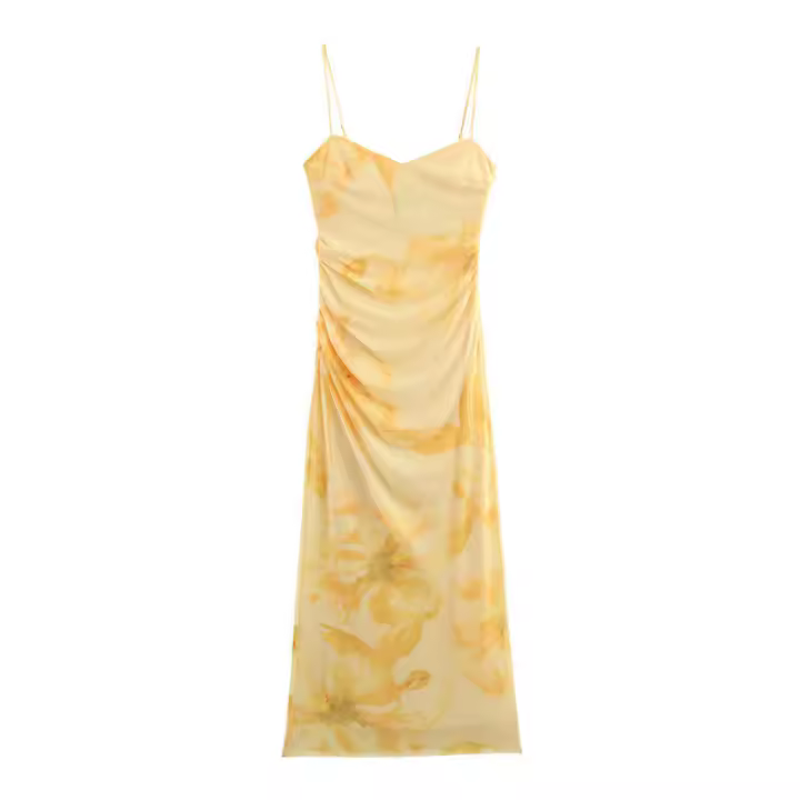 Elegante vestido de tul plisado de longitud media con estampado de flores laterales - 1