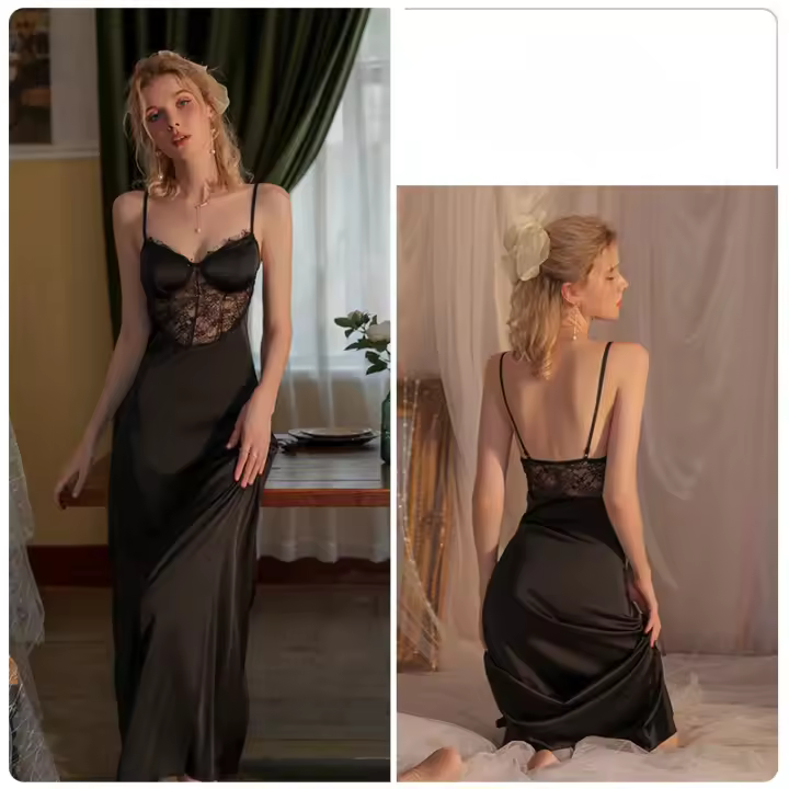 Satén de color sólido, empalme de encaje delgado, sexy, con cuello en V, reunión de almohadilla en el pecho, camisón casero para mujer - 1