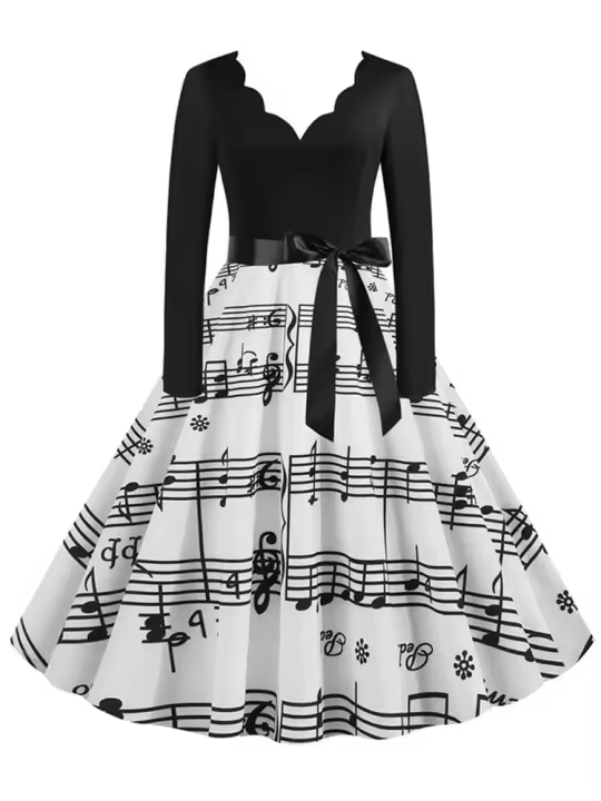 Women plaid print long sleeve vintage a line party dress v neck - 1