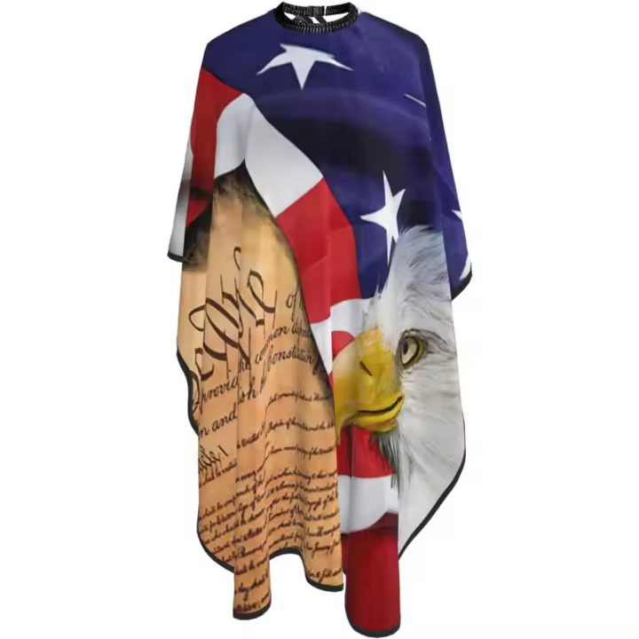 Capa de peluquero con bandera americana patriótica de EE. UU., águila calva y salón de libros, capa de corte de pelo impermeable para peluquería profesional con cierre a presión ajustable, delantal de corte de pelo, 55 x 66 pulgadas - 1