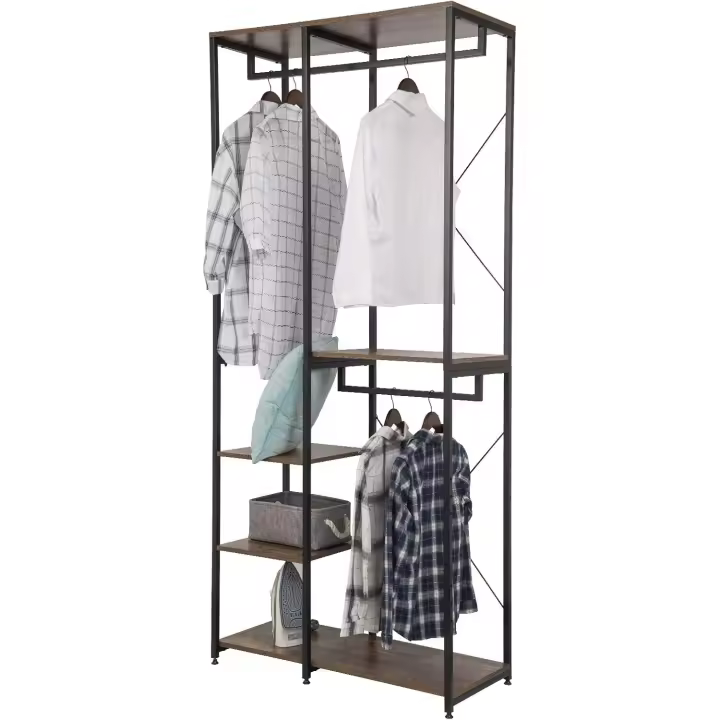 Perchero de pie con banco, perchero multiusos de entrada con 4 estantes para ropa, zapatos, bolsos, madera + metal negro + vintage - 1