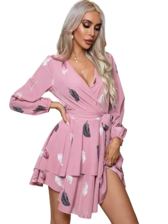 Elegante Vestido Corto con Cuello en Plumas Moda de Primavera Otoño para Mujeres - 1