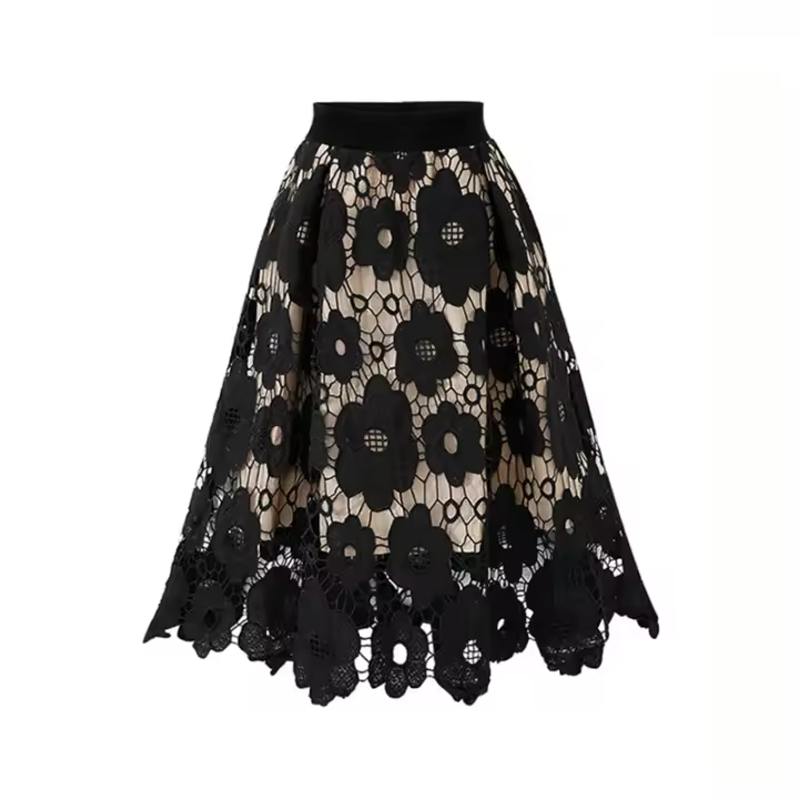 Faldas de encaje bohemio para mujer, Falda Midi ahuecada de malla Vintage, talla grande, cintura elástica, línea A, color negro, rojo y verde, elegante, Verano - 1