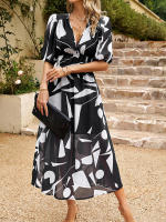 Vestido de verano de estilo callejero para mujer, traje elegante y Sexy con cuello en V, estampado de flores, mangas farol, largo, 2024 - details 17