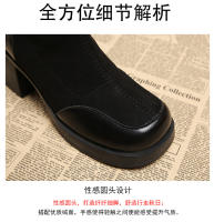 Botas cortas francesas de cuero temperamento con tacón alto, punta cuadrada, tacón grueso y elásticas. - details 8