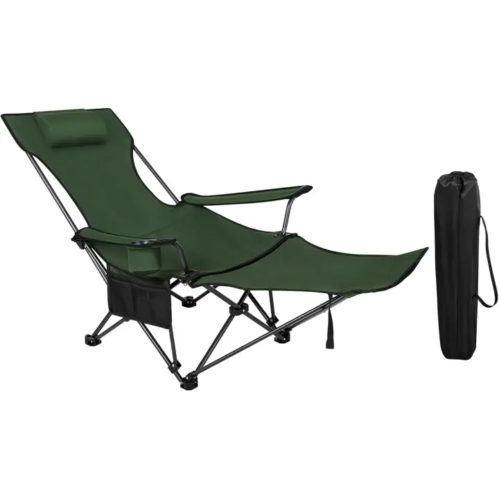 Silla Camping Plegable, Tumbona Camping Portátil con Portavasos, Reposacabezas y Bolsa Lateral, Marco de Acero, Carga Máxima 150 kg, para Picnic, Playa, Jardín, Pesca - 1