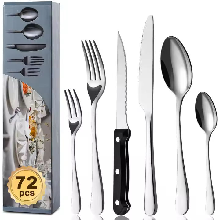Juego de cubiertos para 12 personas, cubertería de acero inoxidable de 72 piezas con cuchillos para carne, cuchillo, cuchara, tenedor, juego de cubiertos, pulido espejo, apto para lavavajillas - 1
