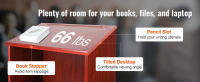 SucceBuy Podium Stand, soporte de azafata de 47 pulgadas con 4 ruedas, podio de madera con estantes de almacenamiento ajustables y escritorio inclinado, perfecto para iglesia, oficina, escuela y uso doméstico, marrón - details 3
