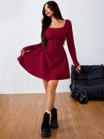 Vestido elegante de cuello cuadrado de mujer, falda roja de vino de cintura alta - details 4