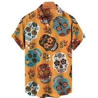 Camiseta Casual de Hip-Hop para Hombres Manga Corta, Estampado de Calavera, Talla Grande, Ropa Casual Hawaiiana, Botones de Escote, Moda Callejera Vintage - details 3