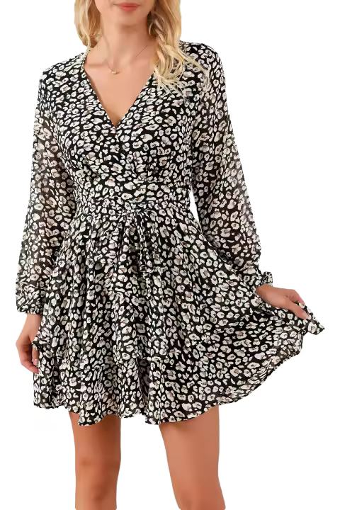 Elrachen Vestido con estampado de leopardo y cuello en V para mujer, negro, tallas S-XL - 1
